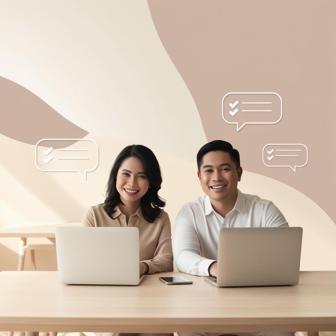 A high-resolution, minimal-style illustration featuring two friendly Filipino professionals in a warm, collaborative workspace. They are seated at a light desk with laptops, smiling and interacting naturall