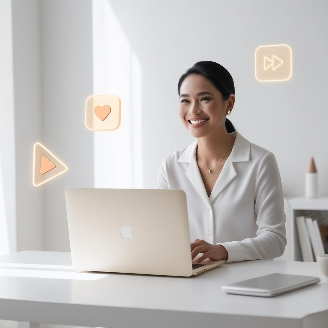 Illustrate a creative Filipino professional smiling confidently at their laptop, in a light and minimal setup. Include subtle floating icons like a play button, heart, and upward arrow to suggest content an